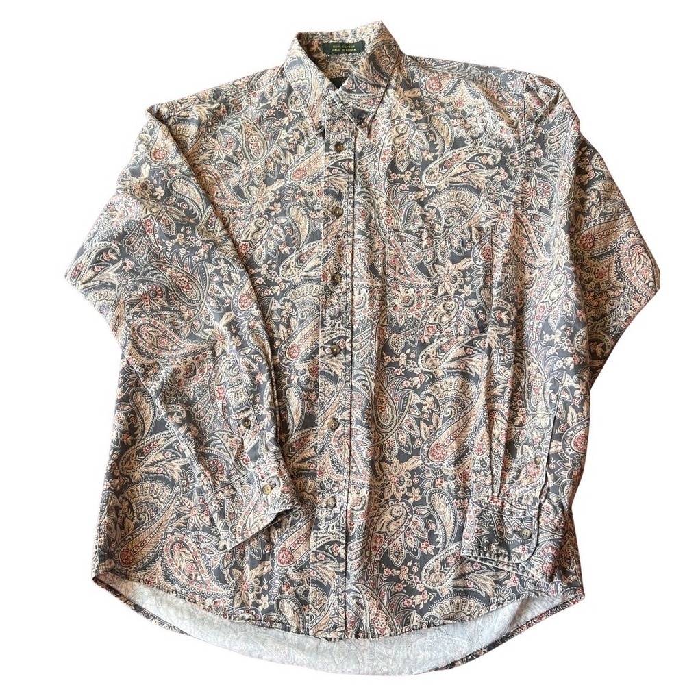 Club Room Mens Paisley Print Button Down Shirt Small Grey Red Cotton Long Sleeve